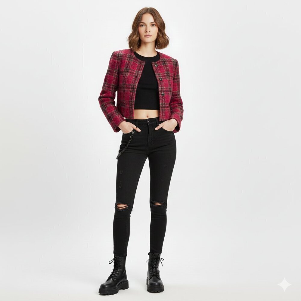 Combardi Inc Wool Blend Plaid Cropped Blazer 8
